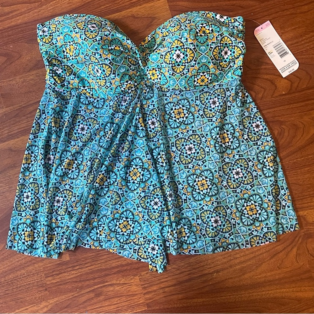 Blue and Yellow Strapless Bathing Suit Tankini Top Size 16 NWT